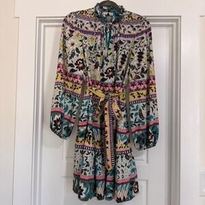 Vince Camuto Floral Border Print Mini Dress Teal Yellow Tie Neck Long Sleeve